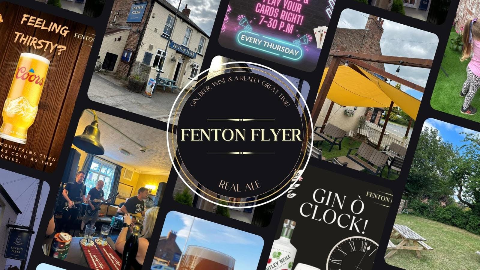 Fenton Flyer collage showing the pub, beer garden, live music and drinks around the pub’s logo